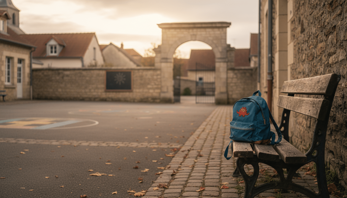 Cour d'école primaire vide avec un cartable abandonné