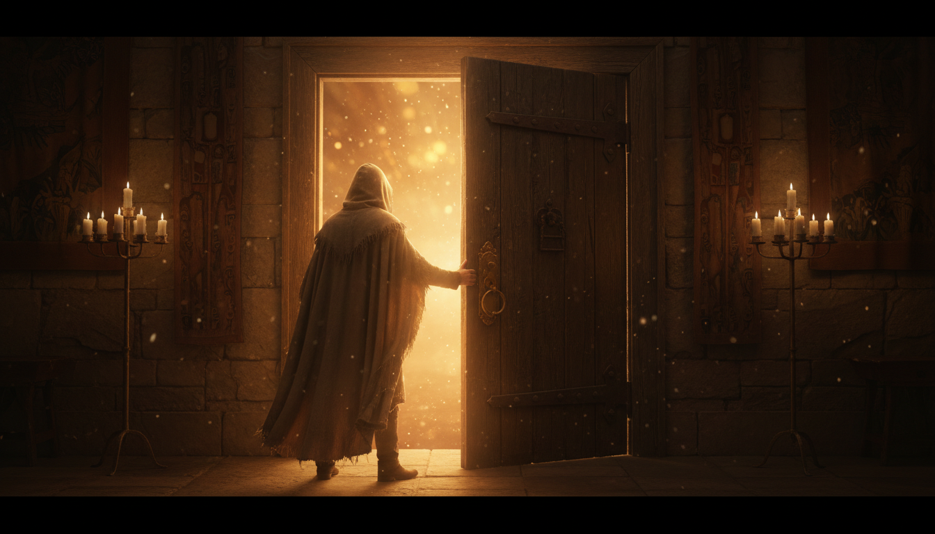 Personne ouvrant une porte vers une lumière dorée mystérieuse