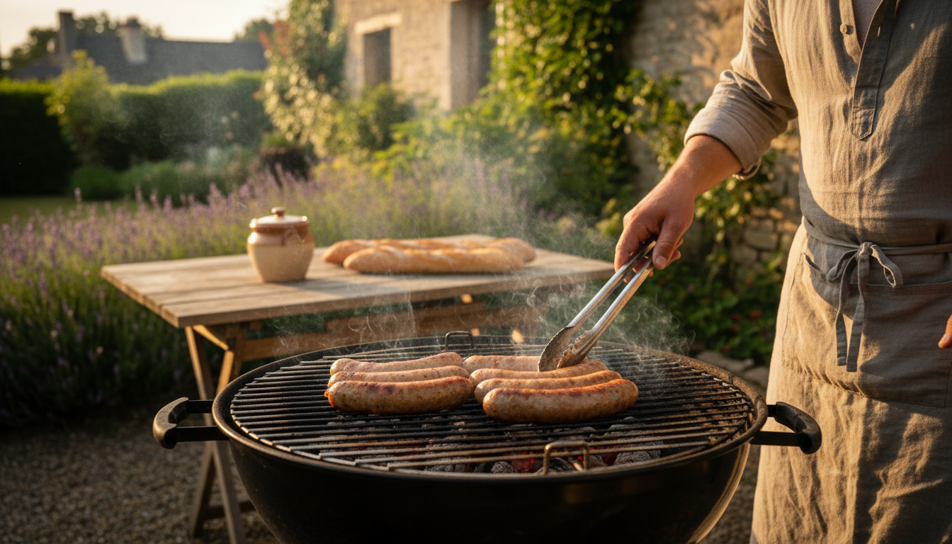 Cuisson de saucisses de Toulouse sur un barbecue en plein air