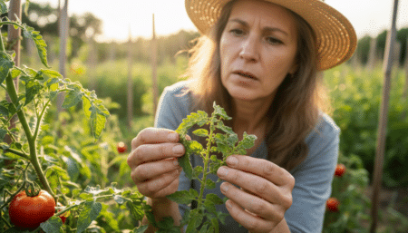 Jardinière examinant des pucerons sur des feuilles de tomates