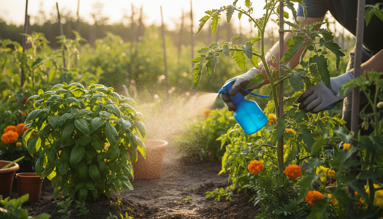 Pulvérisation de décoction d'ail sous les feuilles de tomates