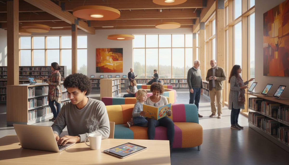 Scène animée dans une bibliothèque moderne et lumineuse.