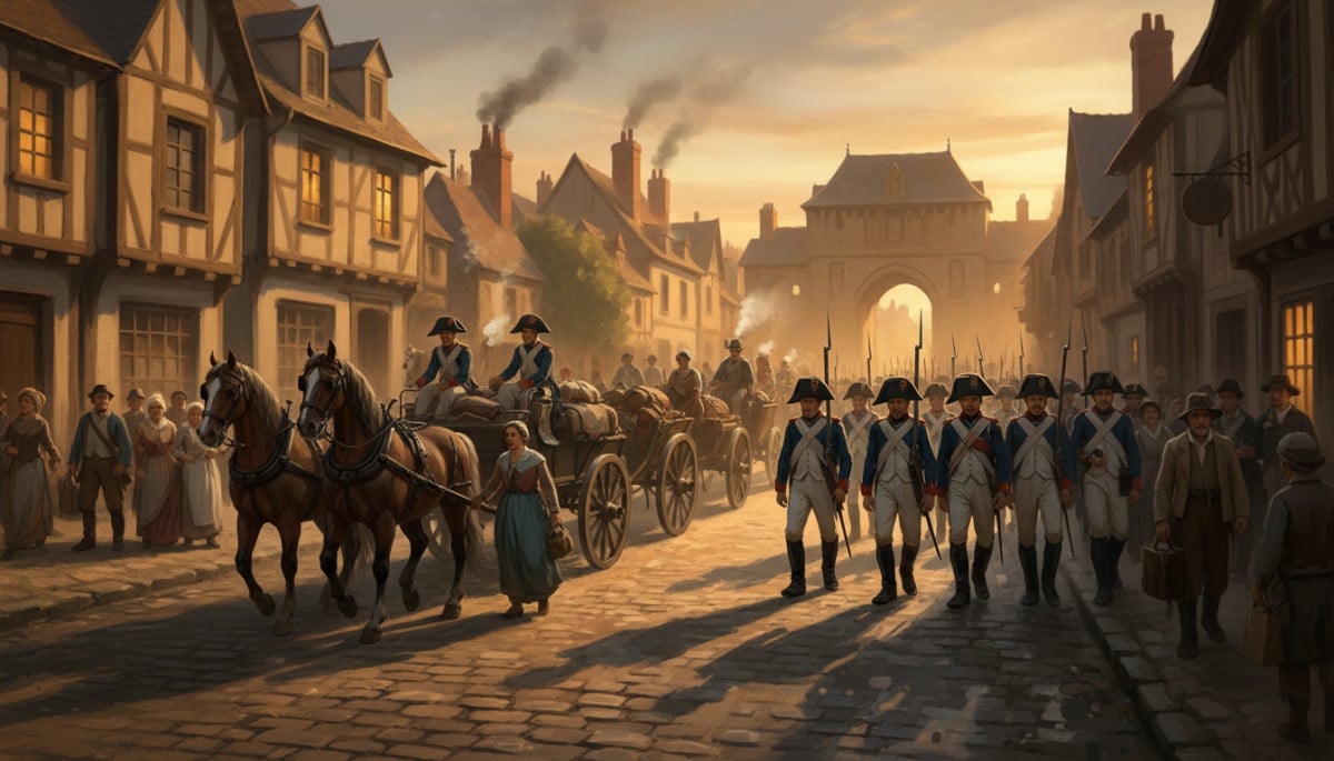 Scène de circulation à l'époque napoléonienne en France