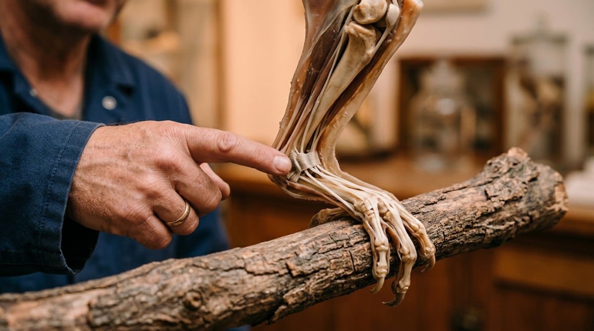 Schéma du mécanisme tendineux verrouillant les pattes d'un oiseau