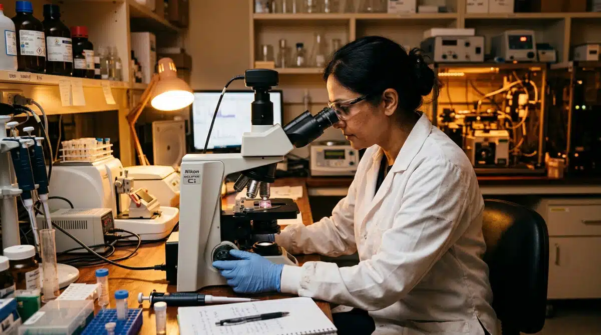 Scientifique analysant des tissus musculaires au microscope en laboratoire