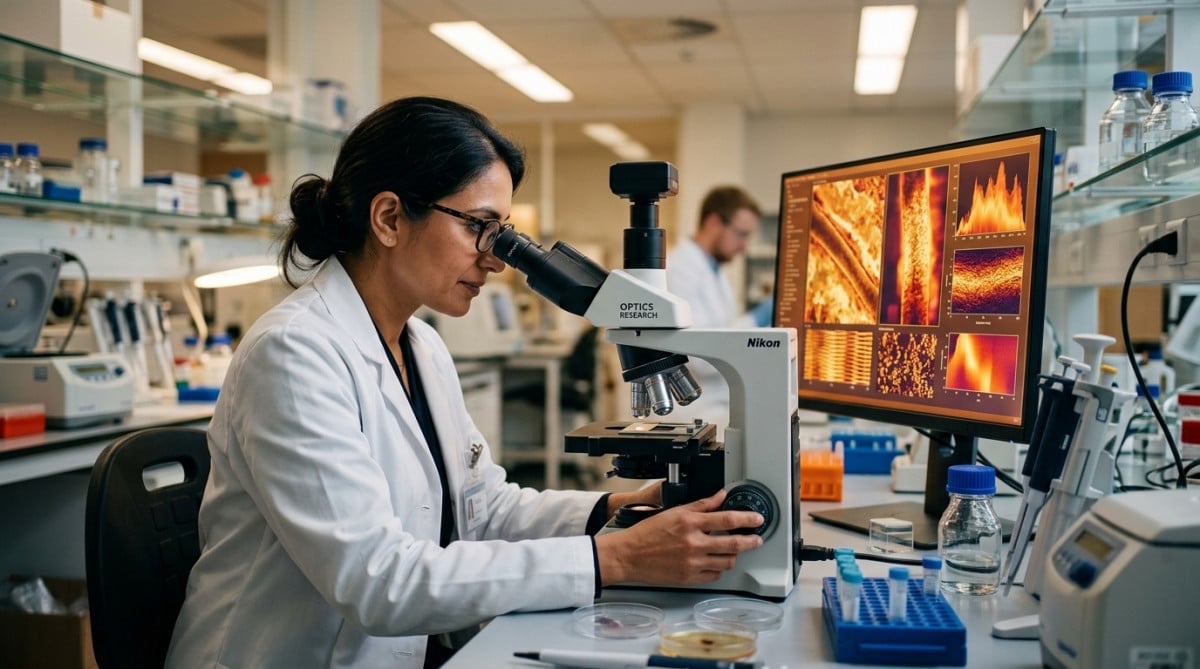 Scientifique analysant un cheveu au microscope en laboratoire