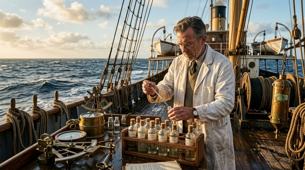 Scientifique des années 1920 analysant l'eau de mer sur un navire