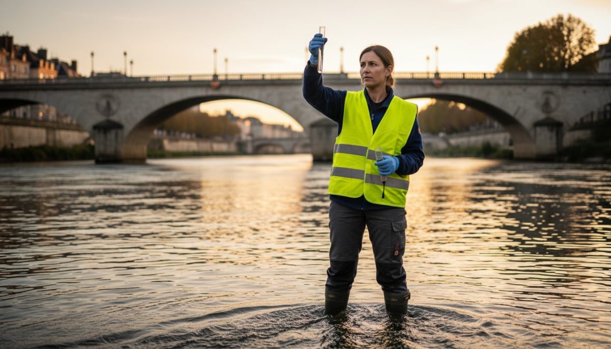 Scientifique prélevant des échantillons d'eau polluée