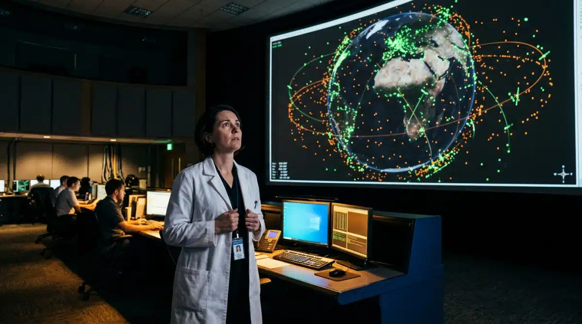 Scientifique surveillant les débris spatiaux en salle de contrôle