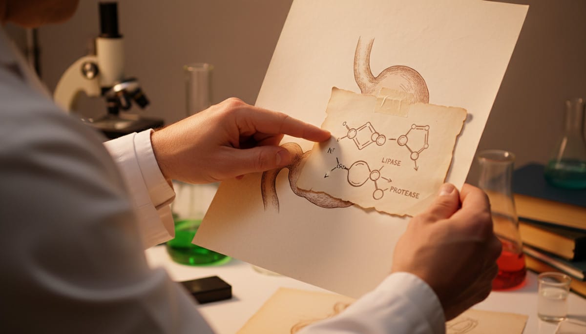Scientifique tenant une illustration de l'enzyme pepsine digestive