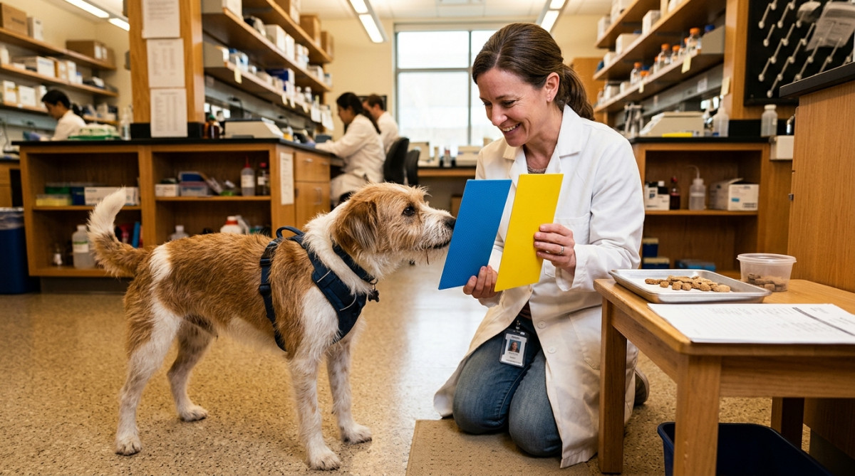 Scientifique testant la vision des couleurs d'un chien en laboratoire