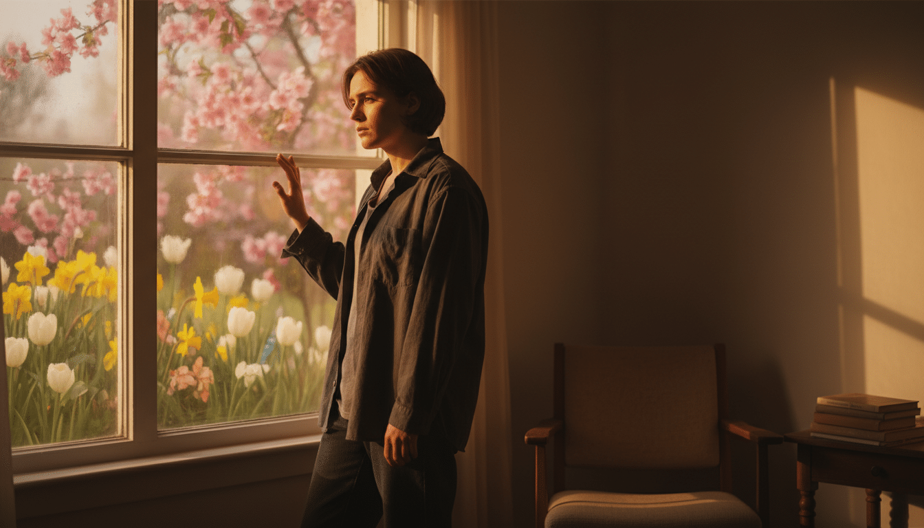 Personne pensive près d'une fenêtre au coucher du soleil