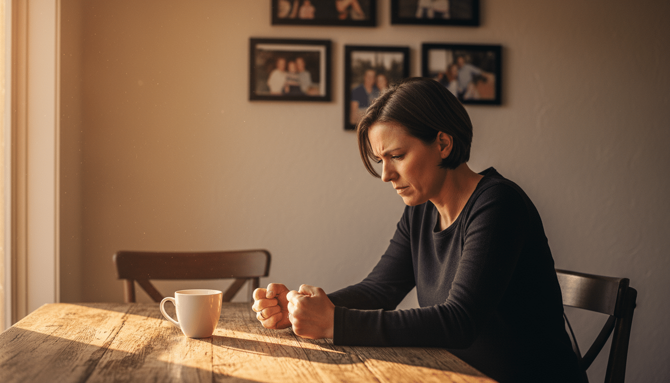 Personne en colère assise à une table de cuisine le matin