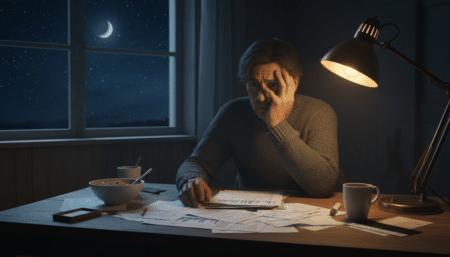 Personne inquiète examinant ses factures sous une lumière tamisée