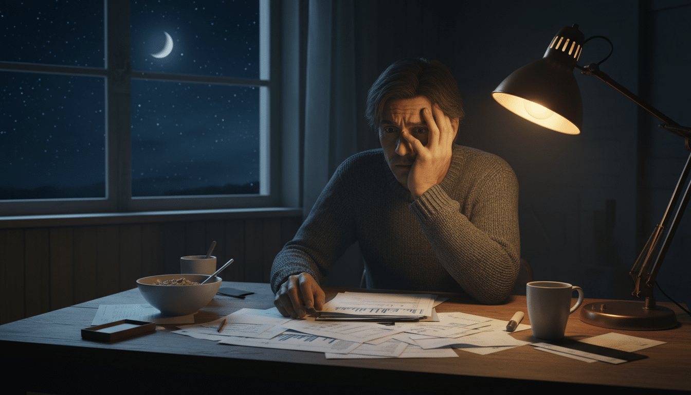 Personne inquiète examinant ses factures sous une lumière tamisée