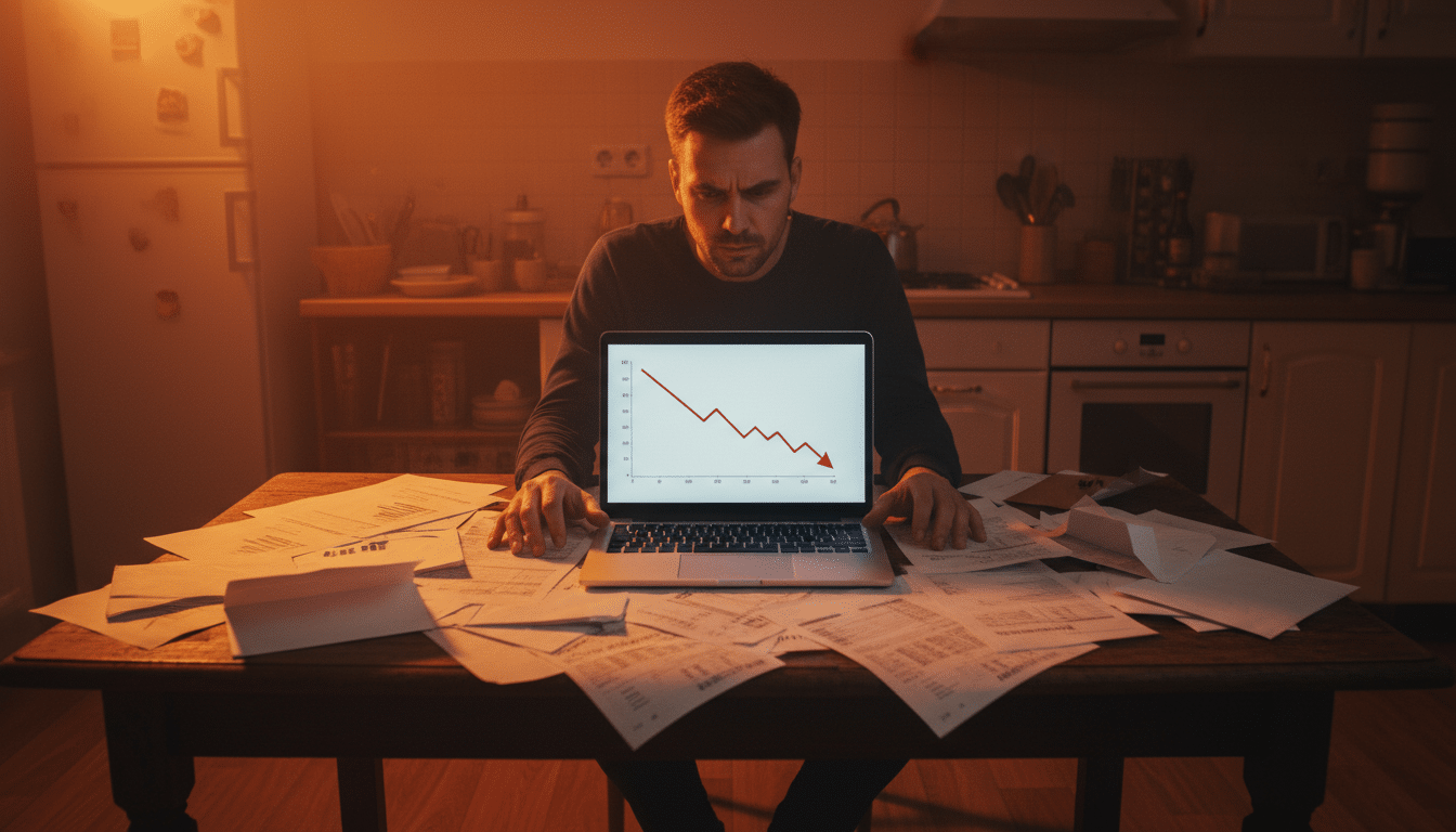 Scorpion stressé devant ses finances à la table de cuisine