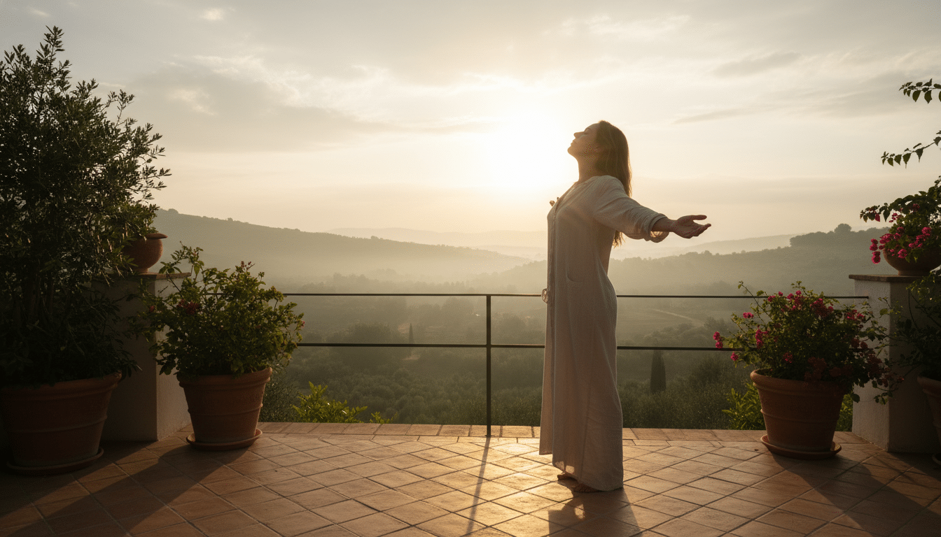 Personne sereine au lever du soleil acceptant le lâcher-prise