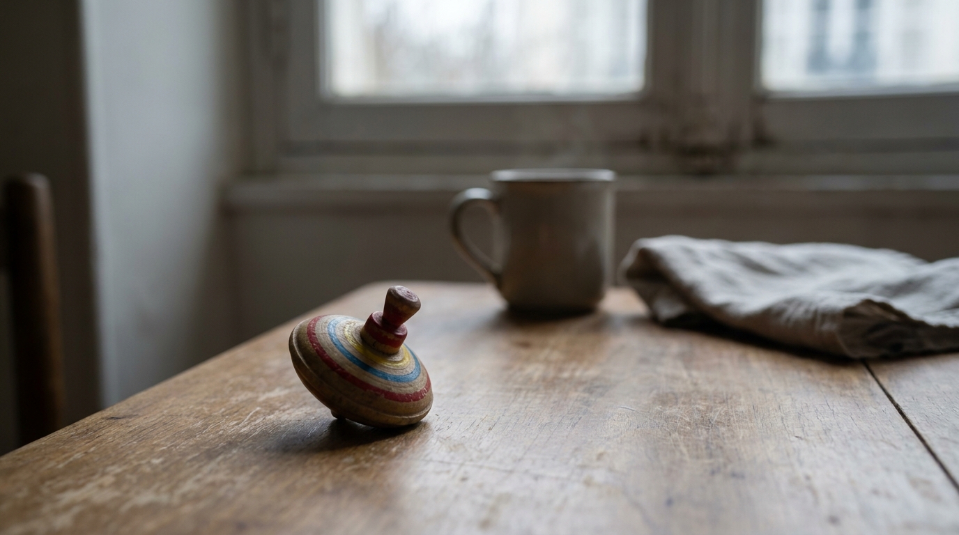 Toupie colorée posée sur une table en bois dans un appartement