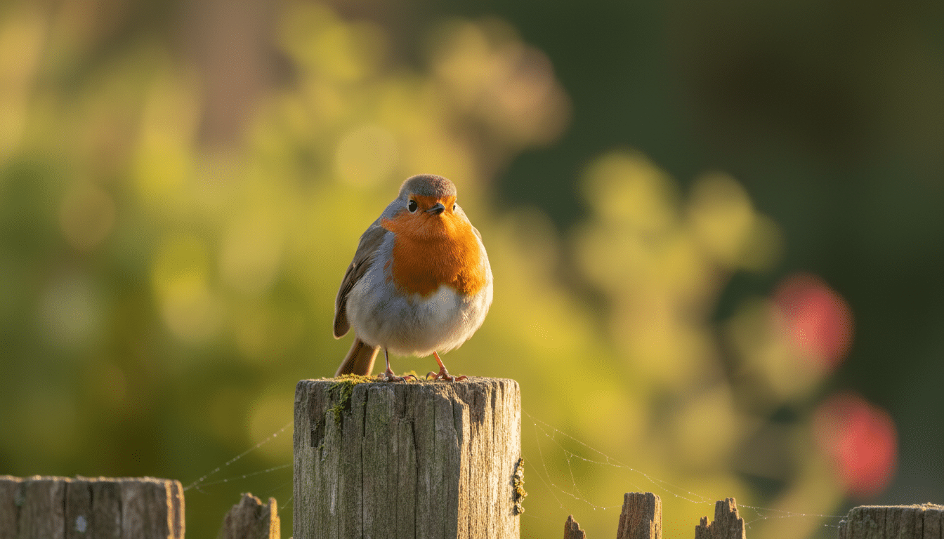 Rouge-gorge au plastron gonflé sur une clôture de jardin