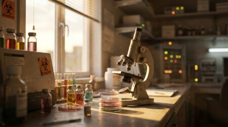 Paillasse de laboratoire avec microscope et flacons de recherche virologique
