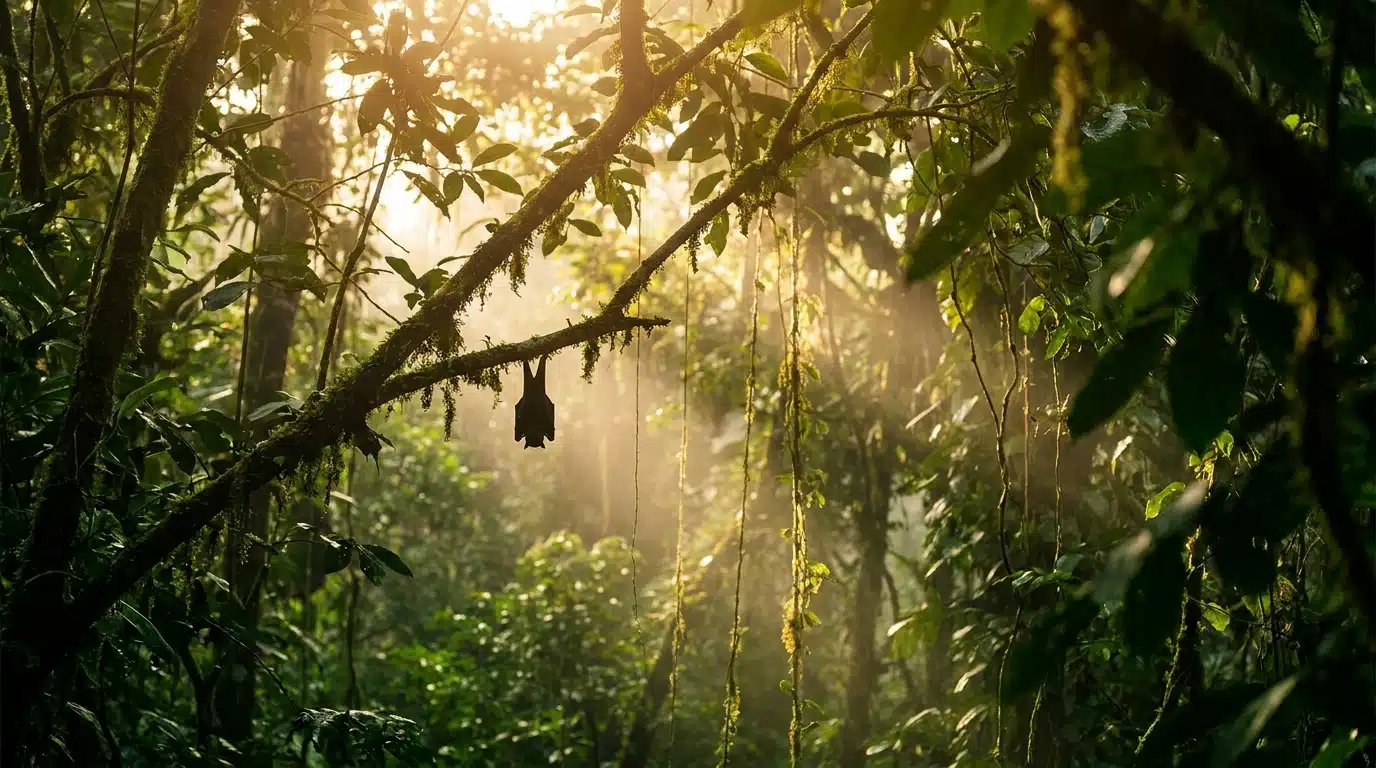 Chauve-souris suspendue dans une forêt tropicale dense