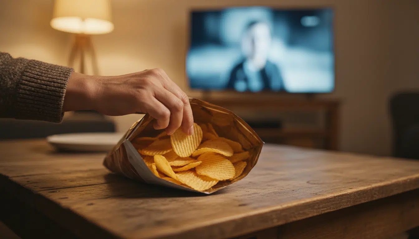 Main piochant dans un paquet de chips ouvert