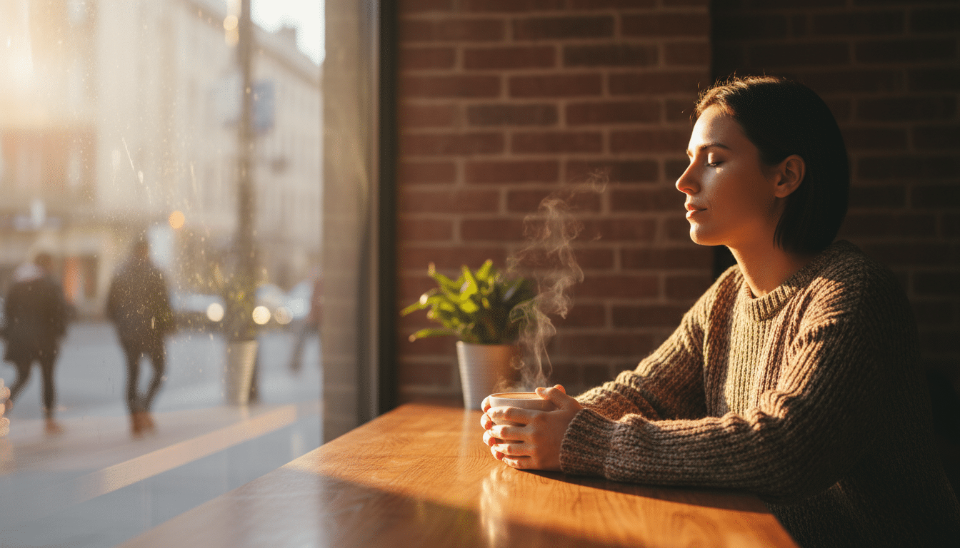 Personne savourant un café les yeux fermés au soleil du matin