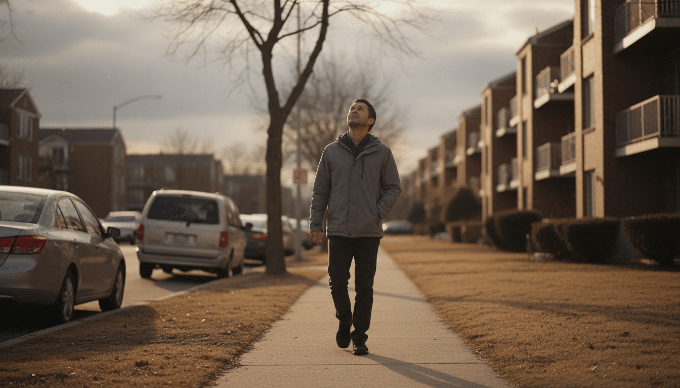 Personne marchant seule sur un trottoir avec un regard contemplatif