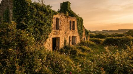 Maison en pierre abandonnée envahie par la végétation