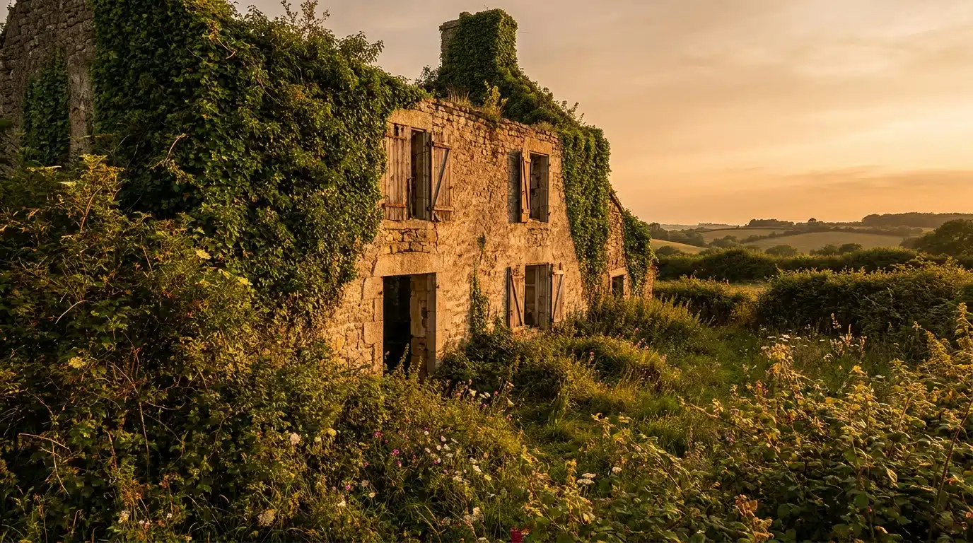 Maison en pierre abandonnée envahie par la végétation