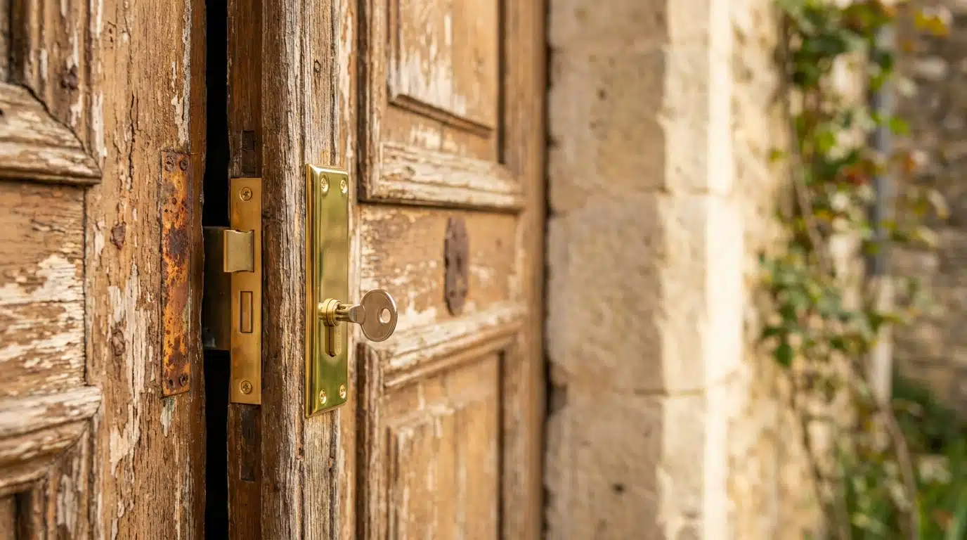 Serrure neuve posée sur la porte d'une vieille maison