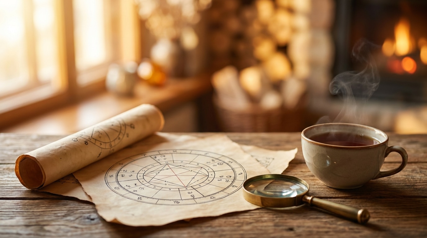 Carte astrale posée sur une table en bois avec loupe