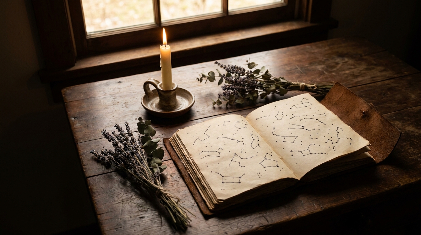 Carnet ouvert avec dessins de constellations et bougie allumée