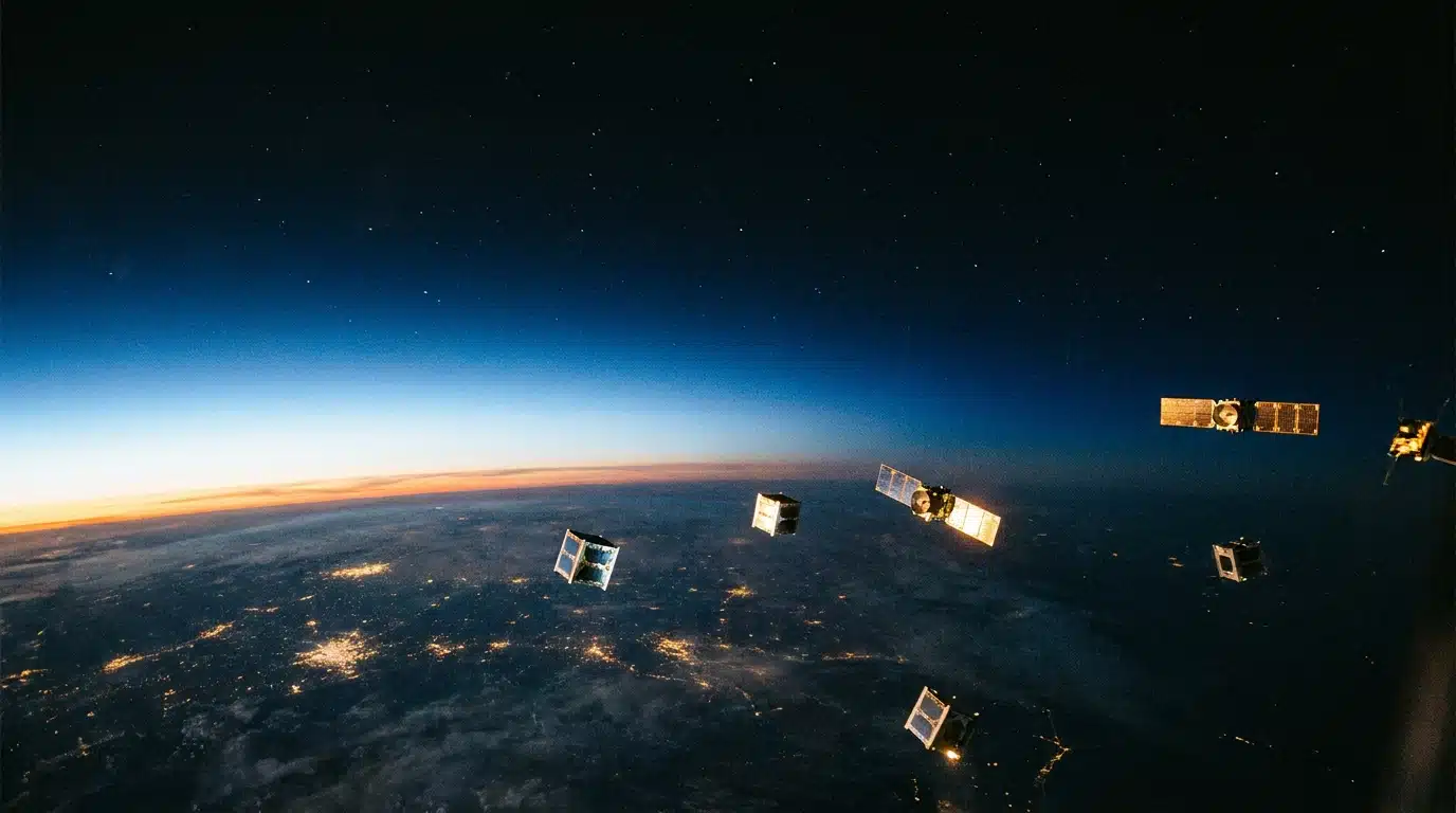 Satellites en orbite autour de la Terre au crépuscule