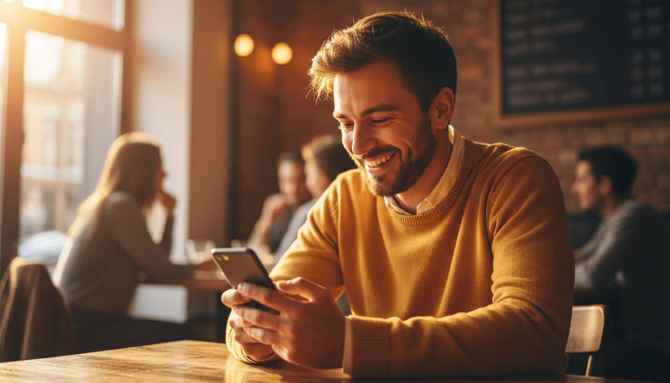 Homme souriant consultant son téléphone dans un café chaleureux