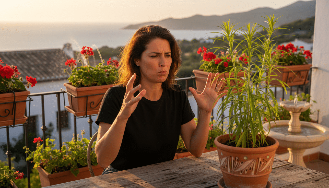 Personne agacée par les moustiques près d'un pot de citronnelle sur un balcon