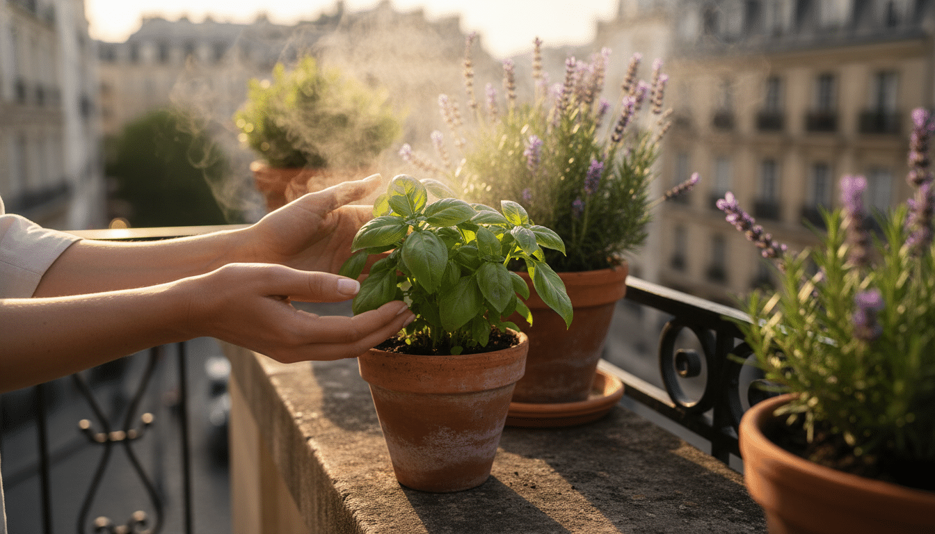 Mains touchant du basilic citronné en pot sur un balcon ensoleillé