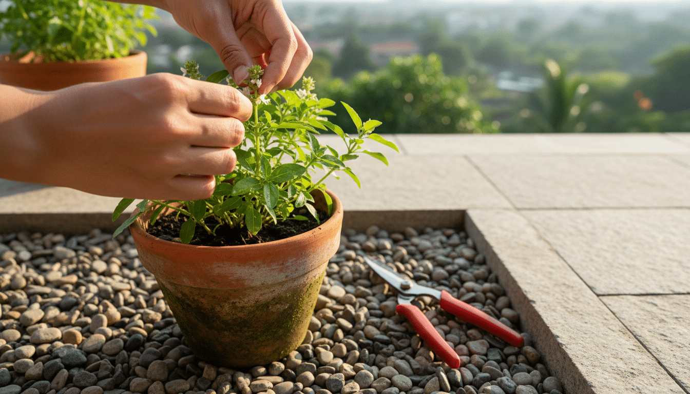 Pincement des fleurs de basilic citronné en pot sur un balcon
