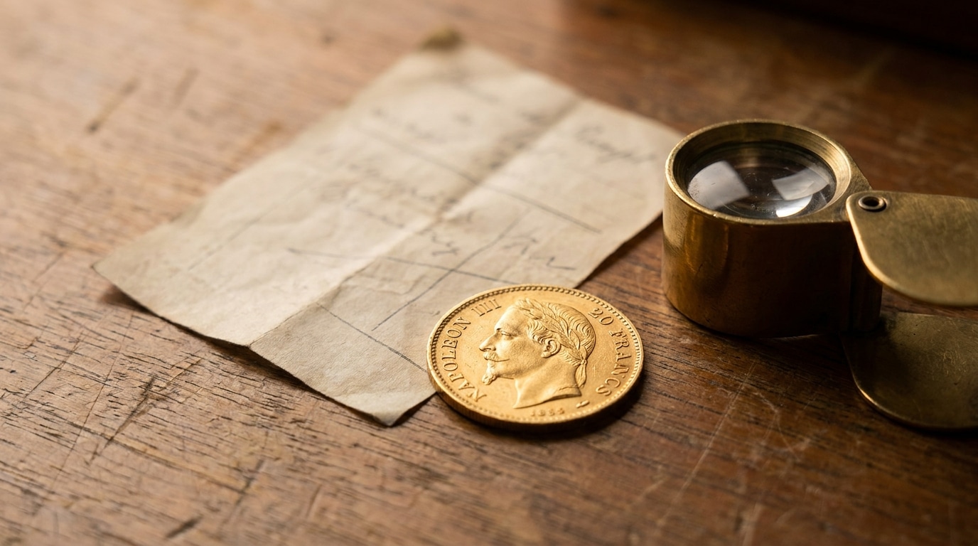Pièce Napoléon en or avec loupe de bijoutier sur bureau