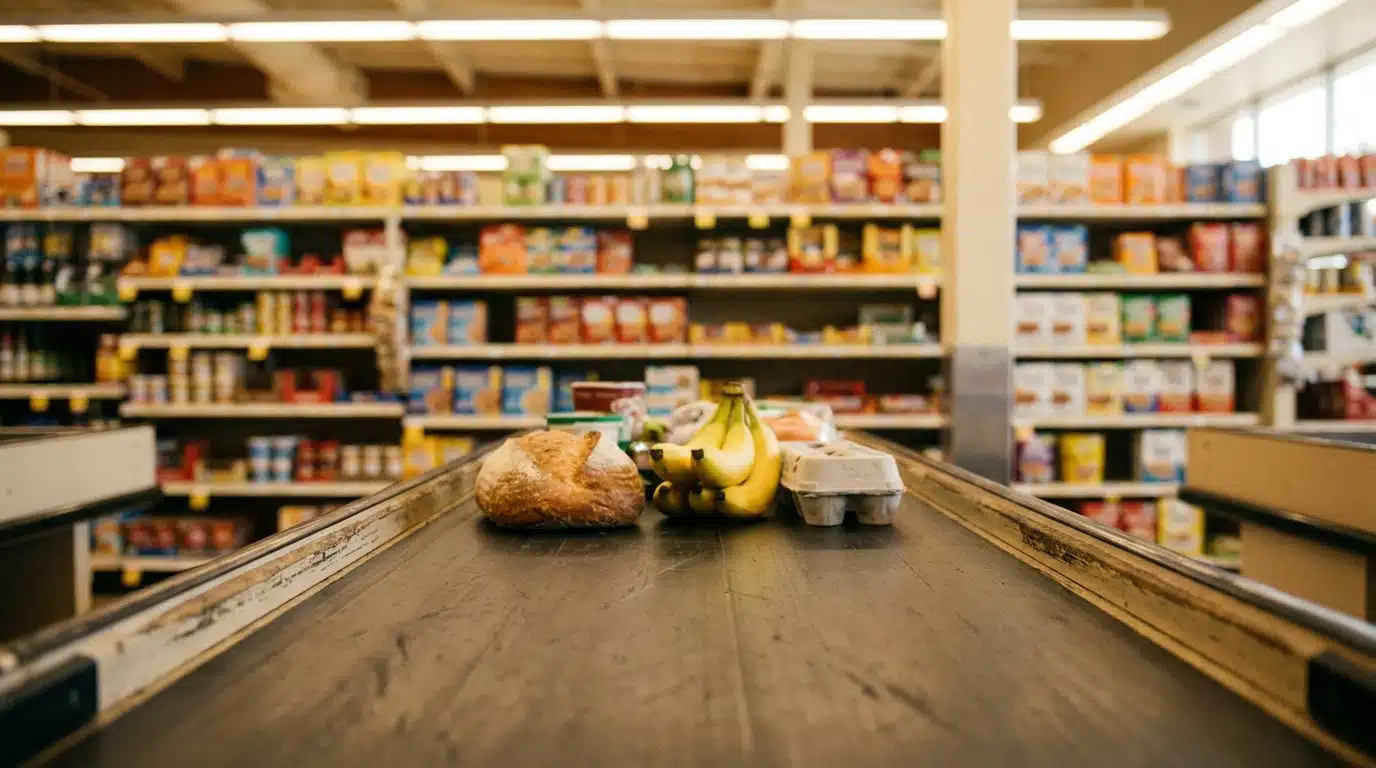 Tapis de caisse de supermarché avec quelques courses