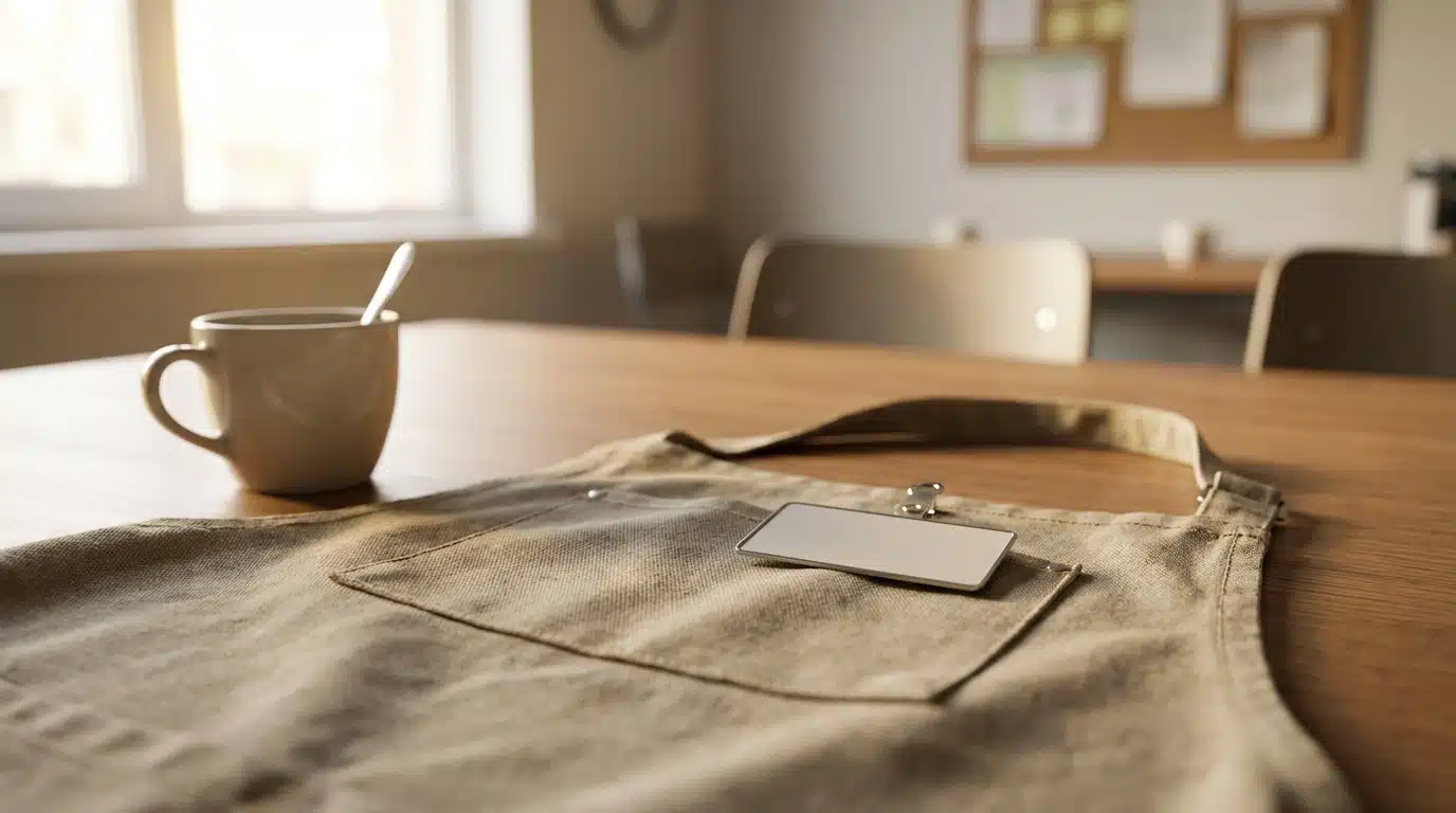 Badge d'employé de magasin posé sur une table de pause