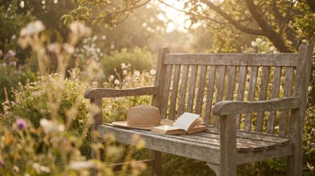 Banc de jardin ensoleillé avec chapeau et livre ouvert