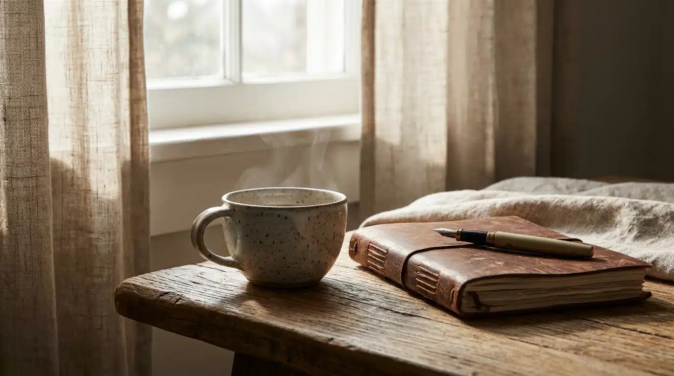 Tasse de thé et carnet posés sur une table rustique