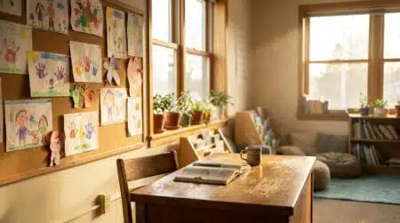 Salle de classe ensoleillée avec dessins d'enfants et bureau en bois