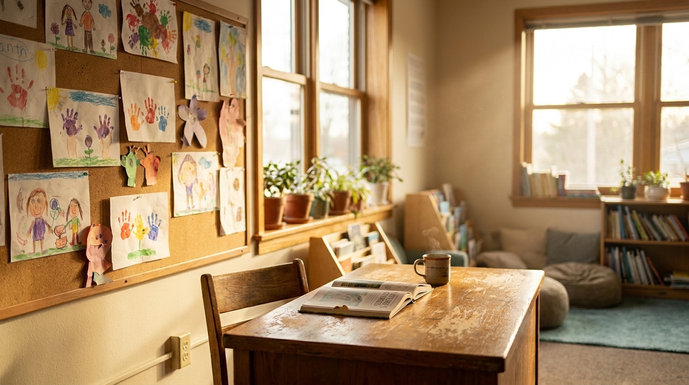 Salle de classe ensoleillée avec dessins d'enfants et bureau en bois