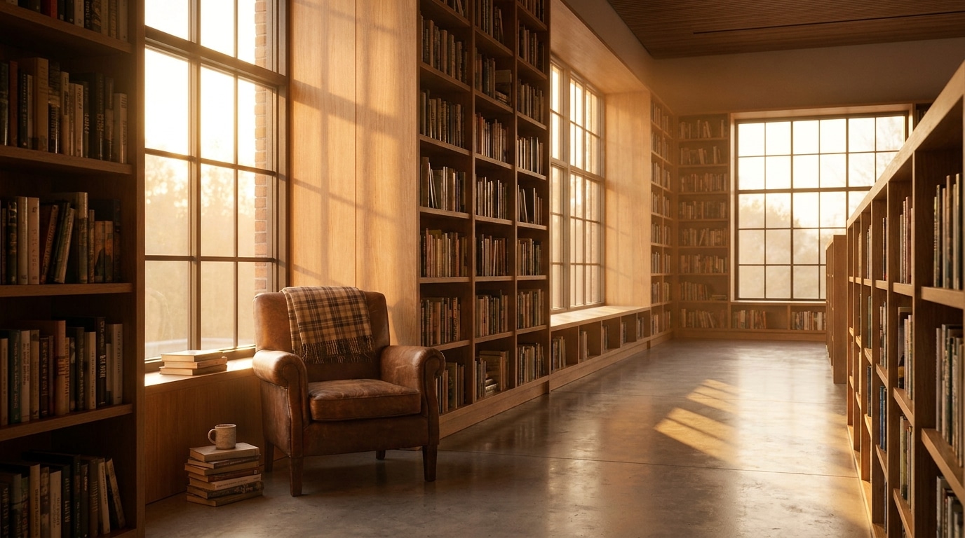 Intérieur calme d'une bibliothèque moderne baignée de lumière dorée