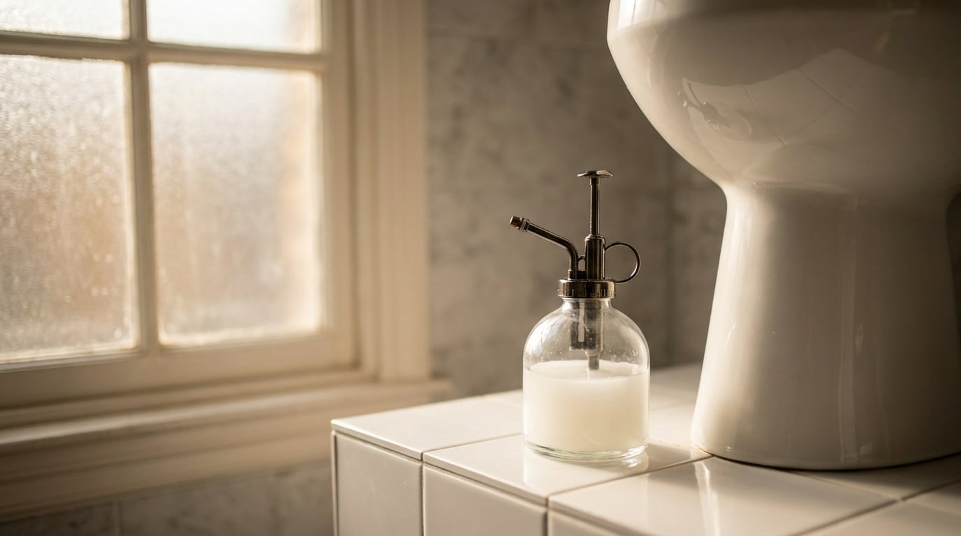 Flacon vaporisateur de vinaigre blanc posé sur carrelage de salle de bain