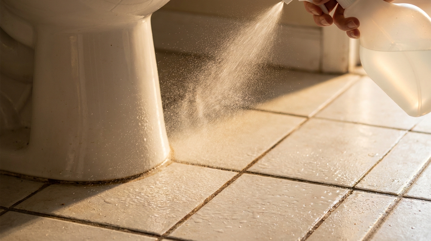 Brume de vinaigre pulvérisée sur les joints de carrelage près des toilettes