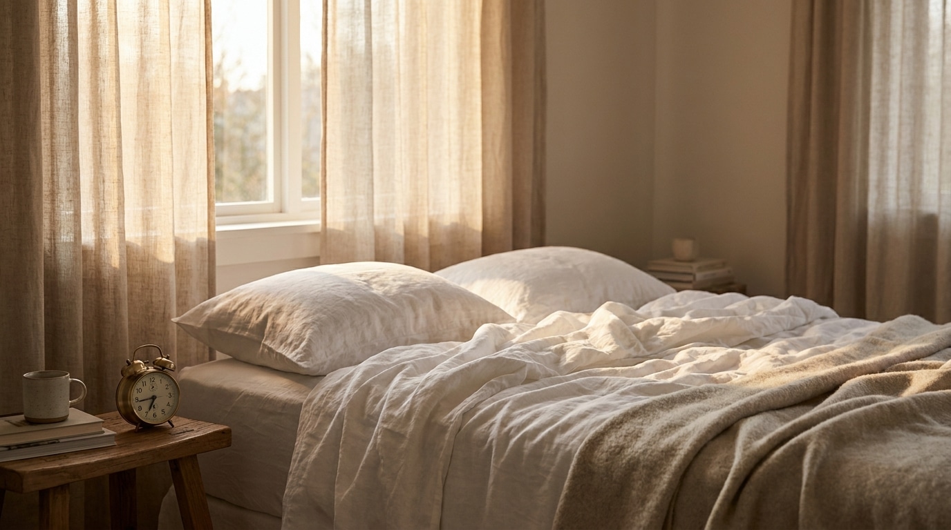Chambre lumineuse au lever du jour avec lit défait