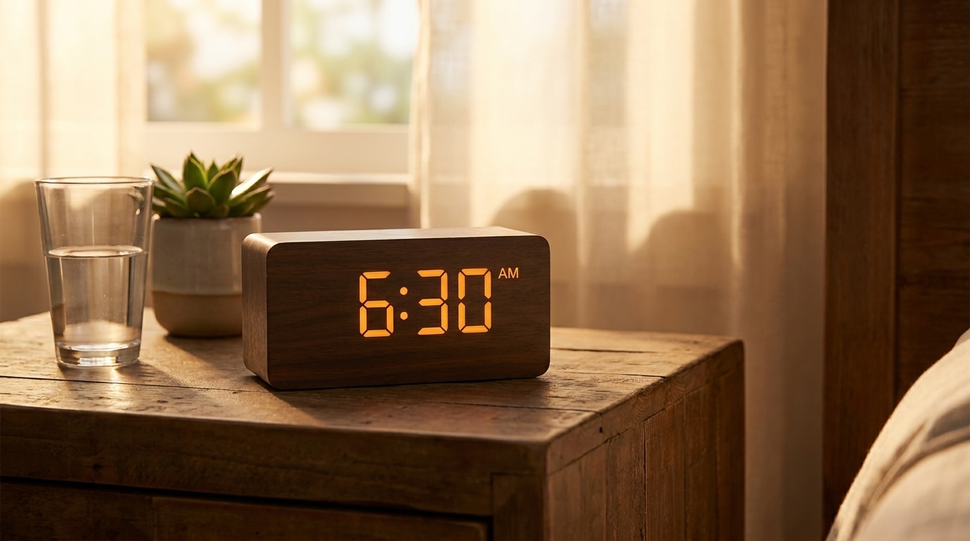 Réveil digital affichant 6h30 sur une table de nuit